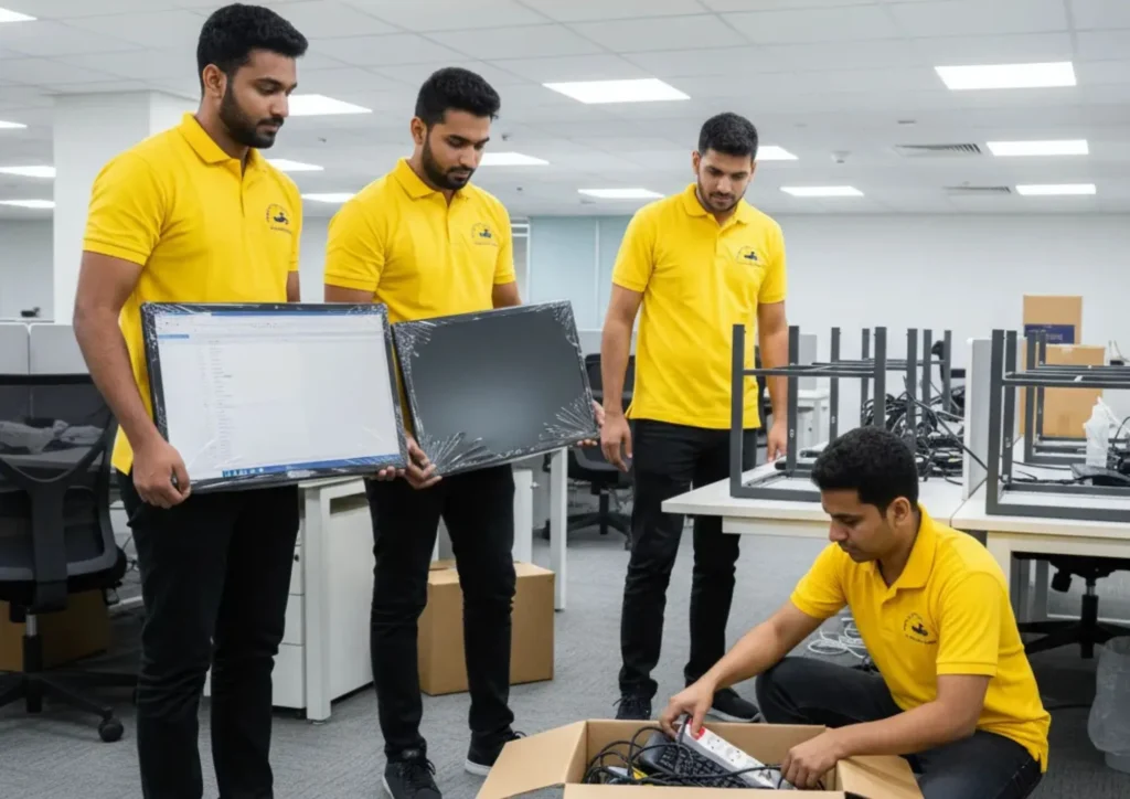 Office movers and packers in Dubai carefully relocating office furniture.