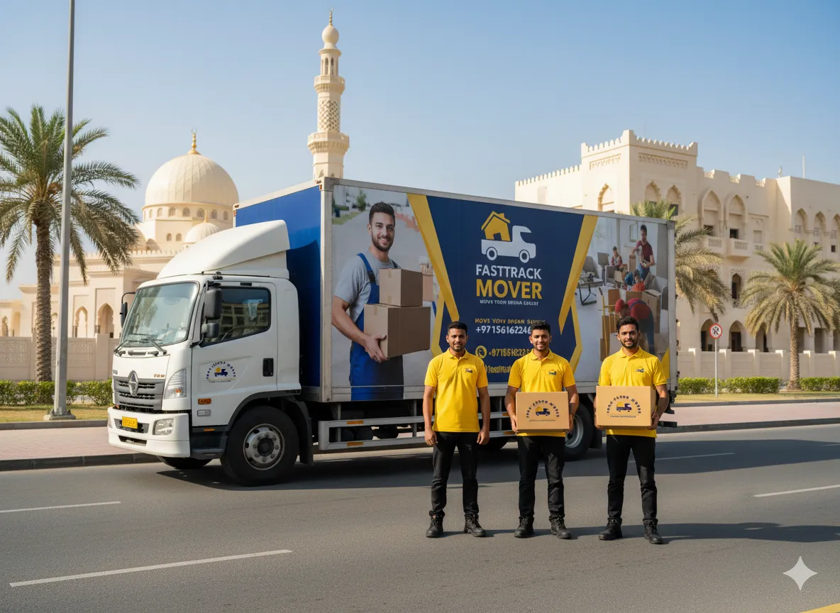 Movers and packers in Al Ain loading boxes and furniture into a moving truck for a villa relocation.