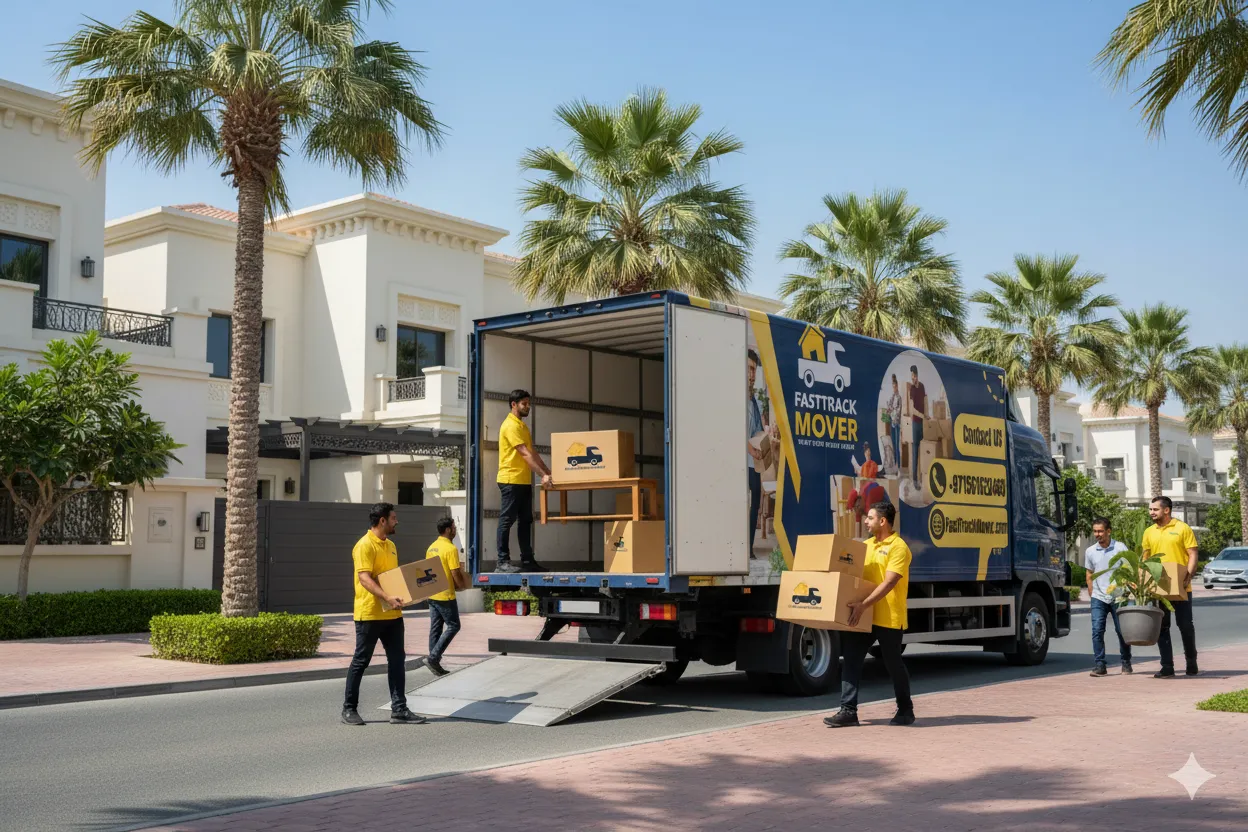 Movers in Al Nahda Sharjah loading furniture into a moving truck for relocation.