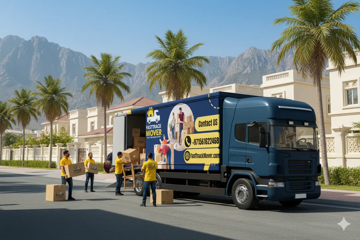 Movers and packers in Fujairah carefully handling furniture and boxes.